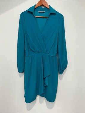 Trina Turk Teal Long Sleeve Faux Wrap Dress Pleated Drape Front SZ 10